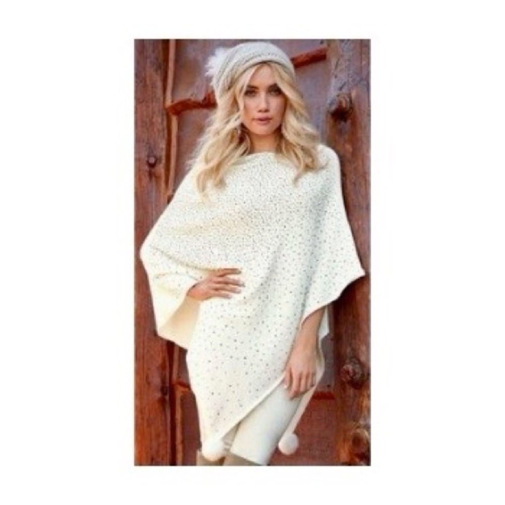 Boston Proper Cream Sequined Poncho w/Pom Poms Size S/M